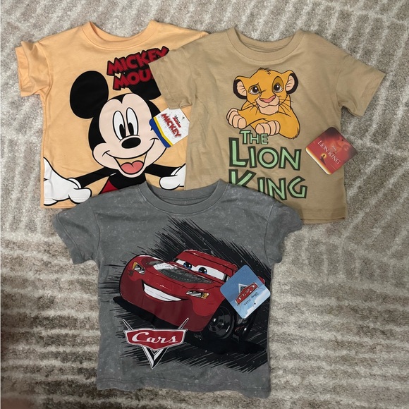 Disney Kids T-Shirt Trio - Mickey Mouse, Lion King, Cars in Tan, Gray, and Red - Picture 1 of 1